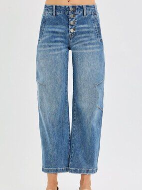 1-0407 RISEN Barrel Leg Button Fly Crop denim Jeans - Boutique